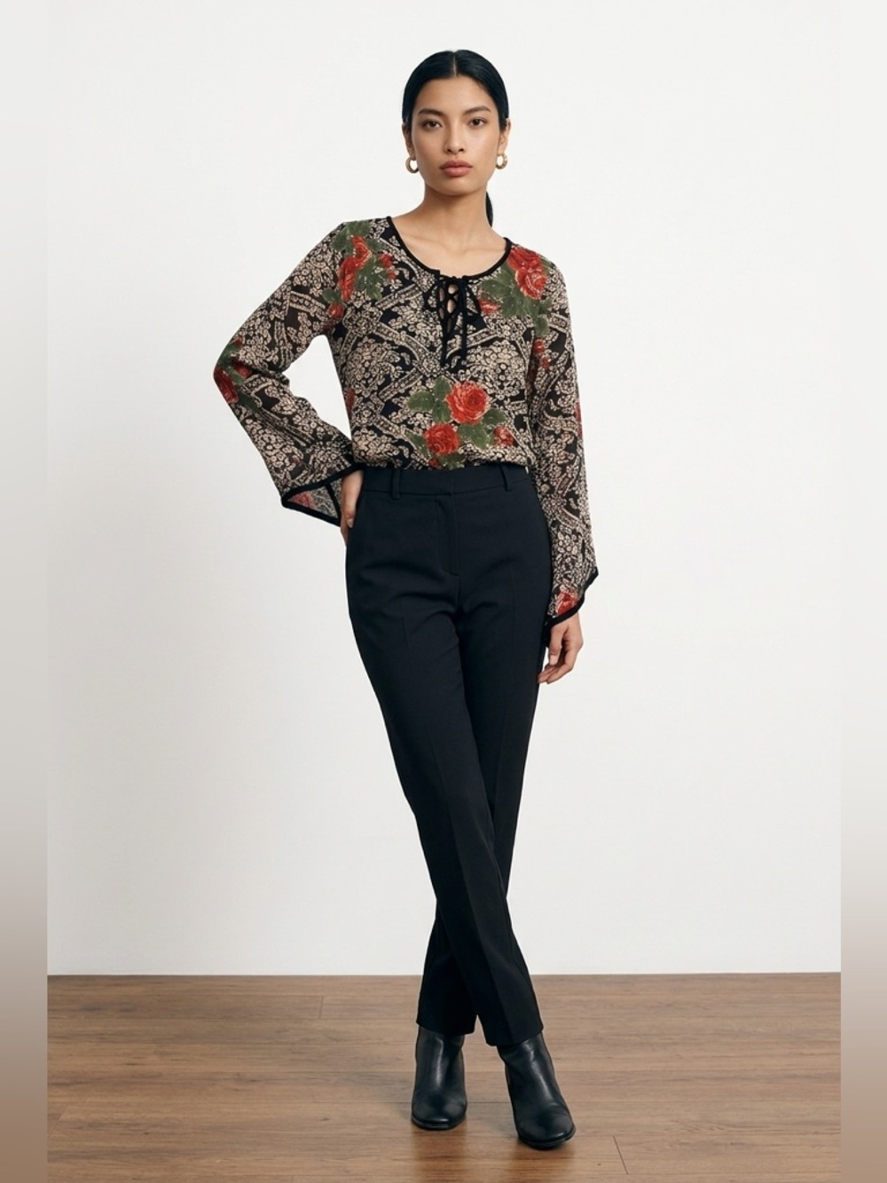 Vintage Black and Red Floral Blouse | Grandma Core | Y2K Hippie Sleeves | large